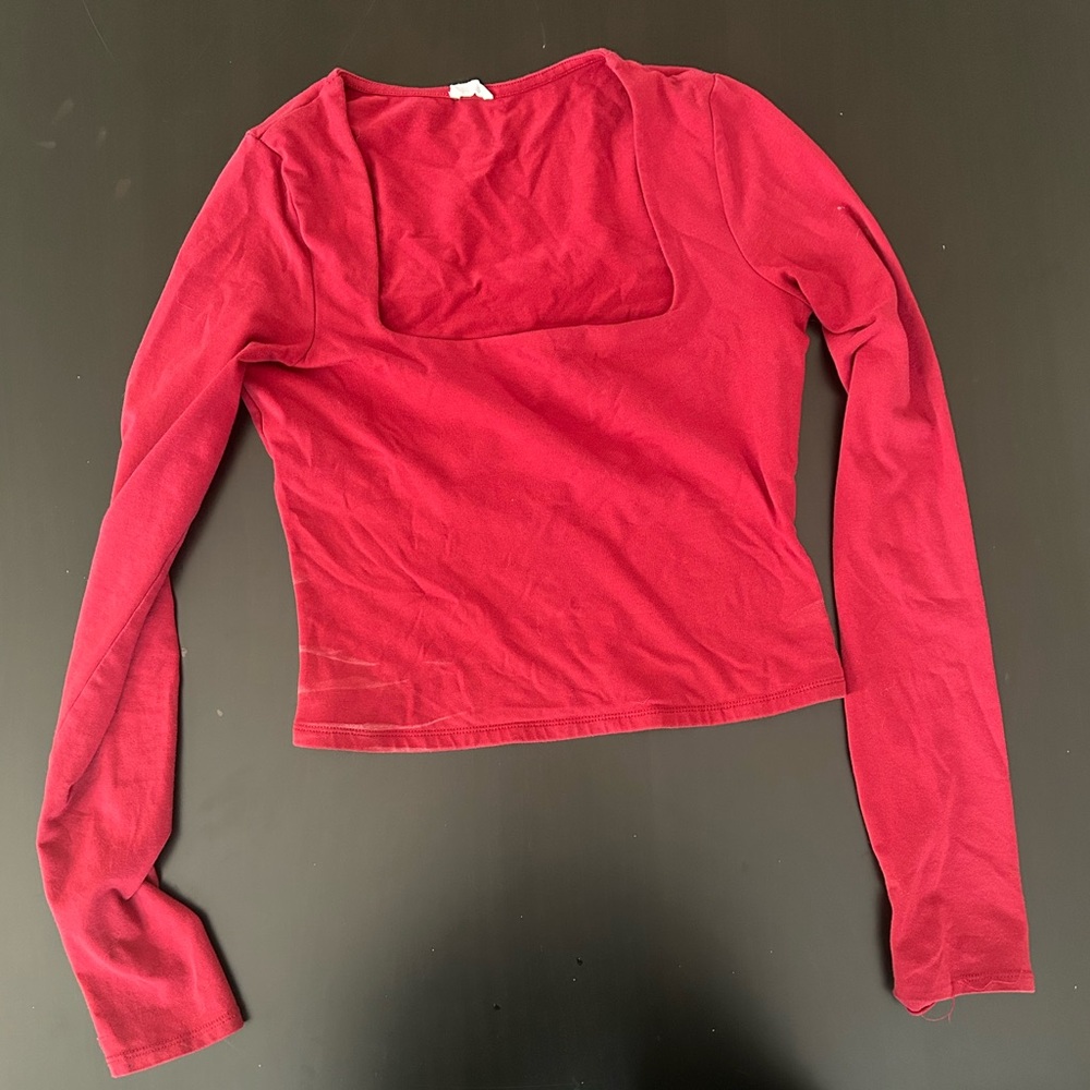 Burgundy Square Neck Long Sleeve Crop Top